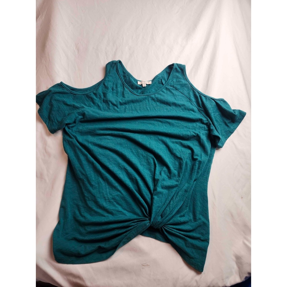 Umgee Blouse Top Womens  XL Teal Knit Casual Cold Shoulder Sleeve Front Twist‎
